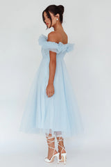 May Rose Off-Shoulder Tulle Midi Dress Light Blue