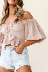 Avaline Balloon Sleeve Ruched Bust Bardot Top Beige