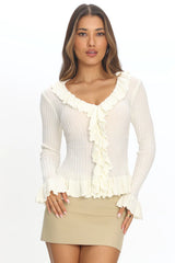 Jaimy Ruffle Trim Knit Cardigan Cream