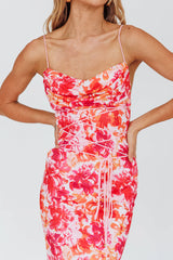 Teava Laced Waist Midi Dress Floral Red