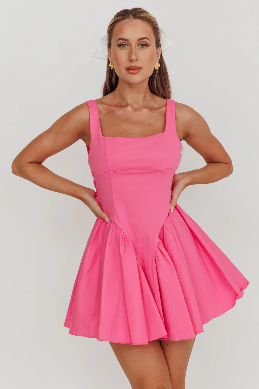 Verdant Square Neck Flared Mini Dress Fuchsia