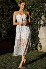 Los Feliz Tied Bust Halterneck Midi Dress Sheer Floral Blue