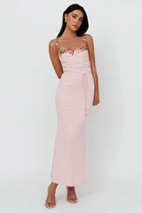 Rose Garden Floral Applique Laced Midi Dress Baby Pink