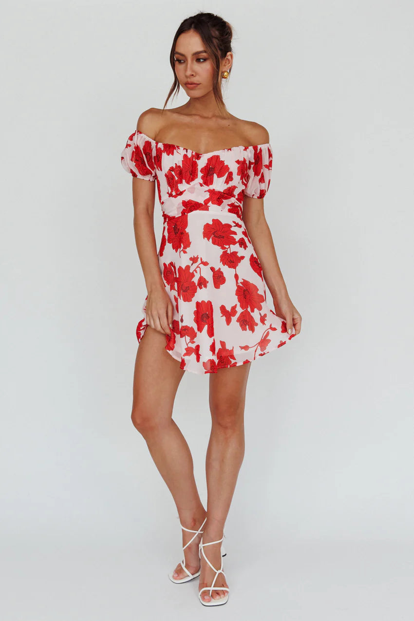 Linka Puff Sleeve Waist Tie Dress Floral Red