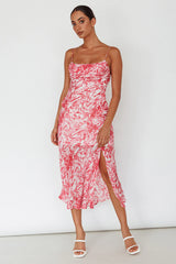 Well Versed Pleated Bust Front Split Dress Swirl Fuchsia