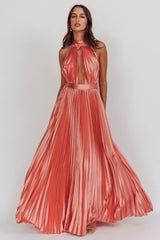Monarch Pleated Satin Maxi Dress Rose