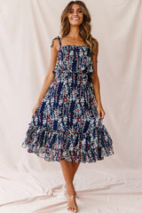 Maeve Shoulder Tie Layered Ruffle Dress Navy