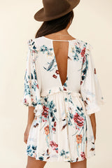 Lynette Loose Fit Angel Sleeve Dress Botanic Print Nude