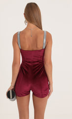 Velvet Hook and Eye Romper in Red