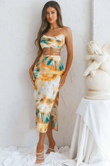 Crazy In Love Cowl Neck Cut-Out Waist Midi Dress Tie-Dye Yellow