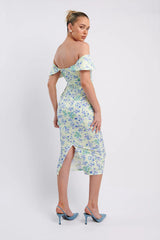 Lillianne Off-Shoulder Midi Dress Floral Blue