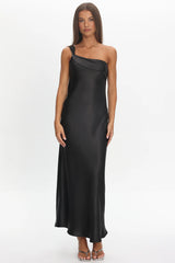 Carmel One-Shoulder Sash Maxi Dress Black