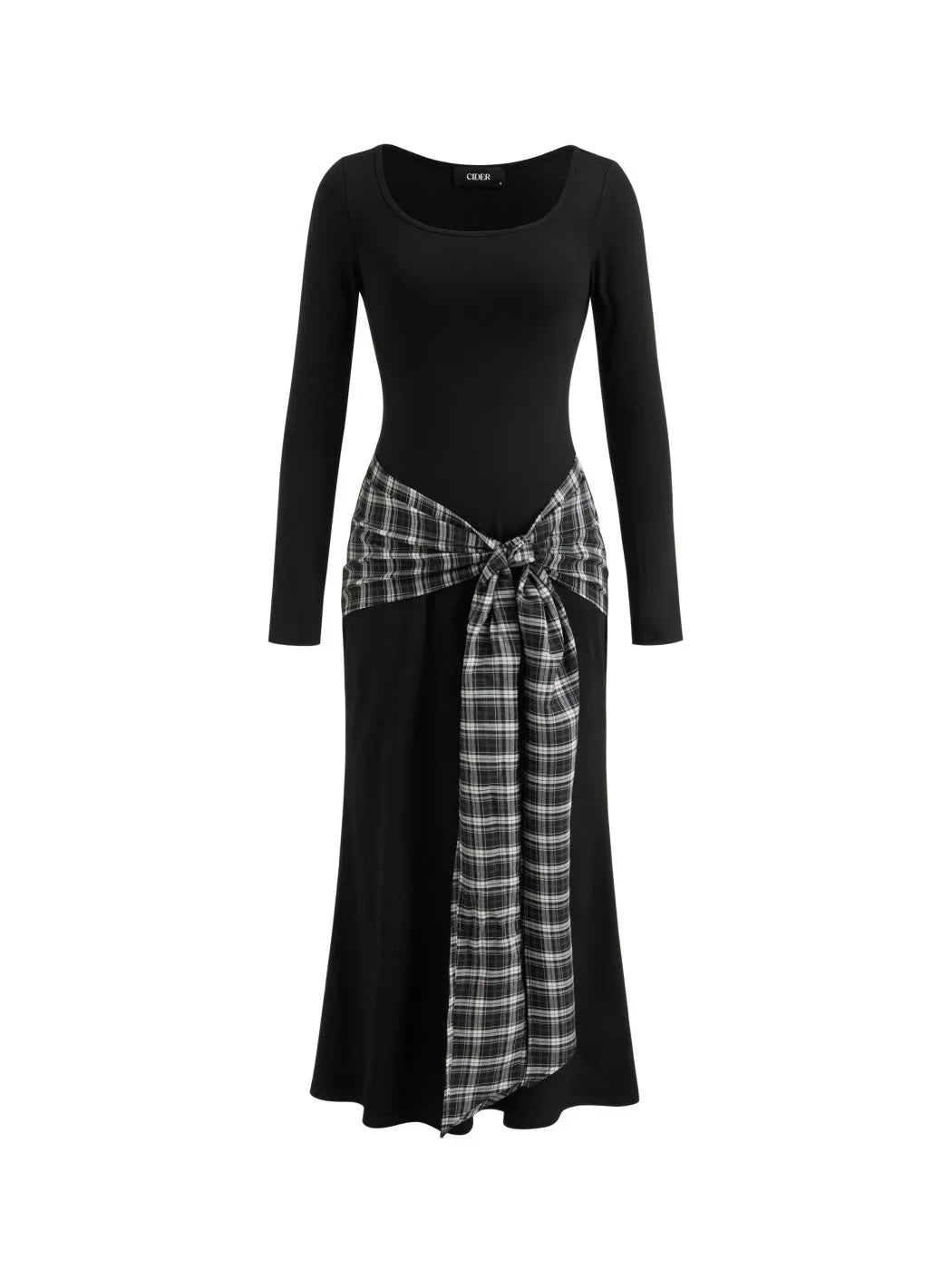 Plaid Knotted Scoop Neckline Long Sleeve Maxi Dress