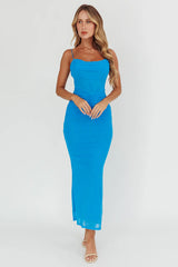 Morella Ruched Waist Mesh Maxi Dress Blue