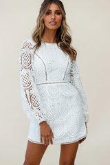 Heart Crochet Overlay Balloon Sleeve Dress White