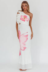 Deanna One-Shoulder Ruffle Maxi Dress Hibiscus White