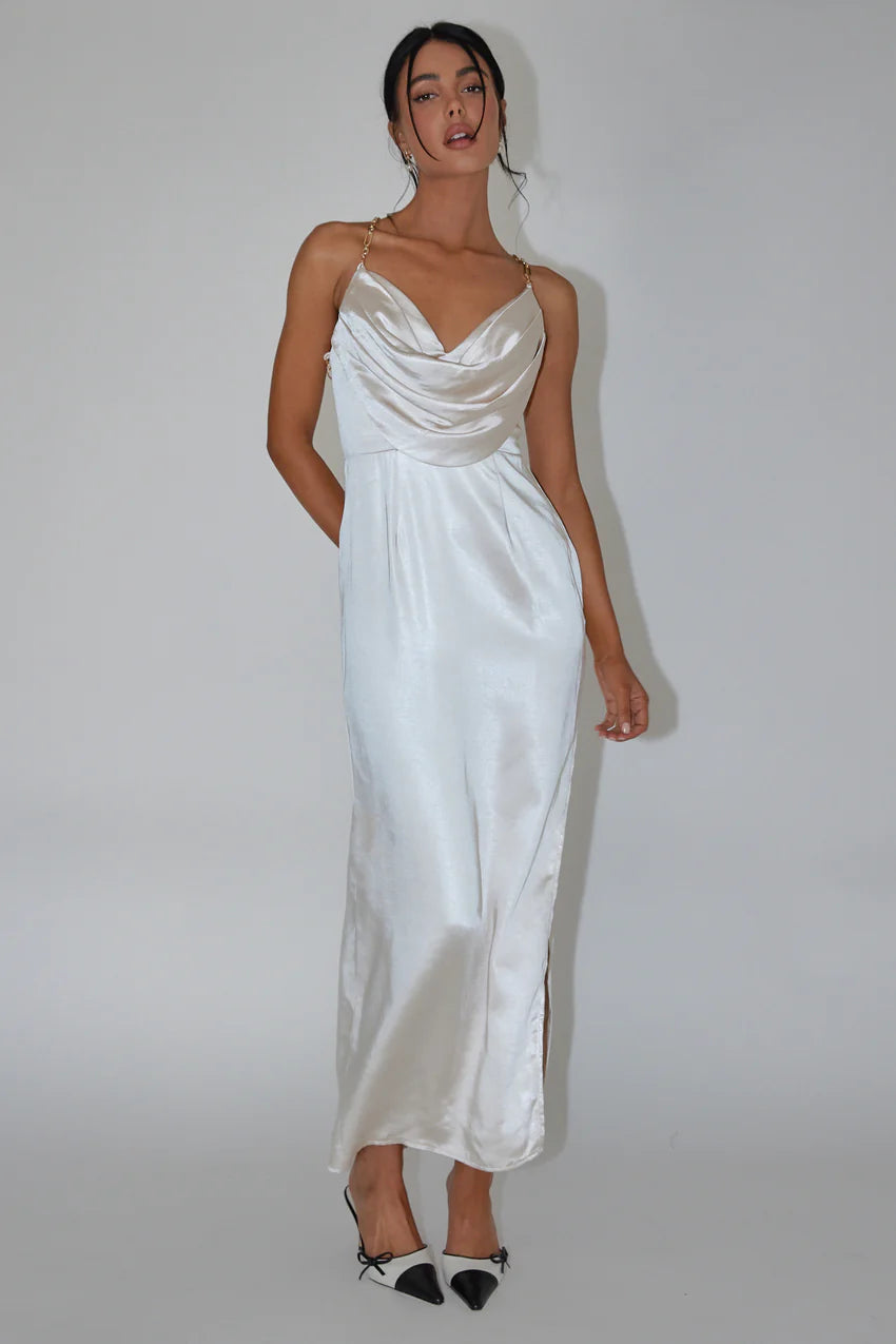 Emanuella Chain Strap Satin Midi Dress Champagne