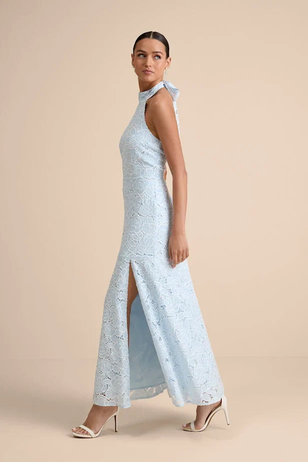 Vaelyn Light Blue Crochet Lace Halter Maxi Dress
