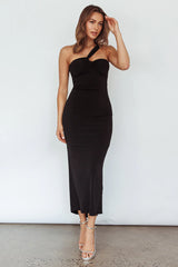 Trinny One-Shoulder Ruched Back Midi Dress Black