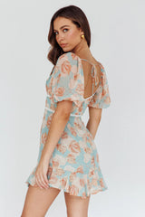 Catch Feelings Sweetheart Puff Sleeve Mini Dress Leaves Blue