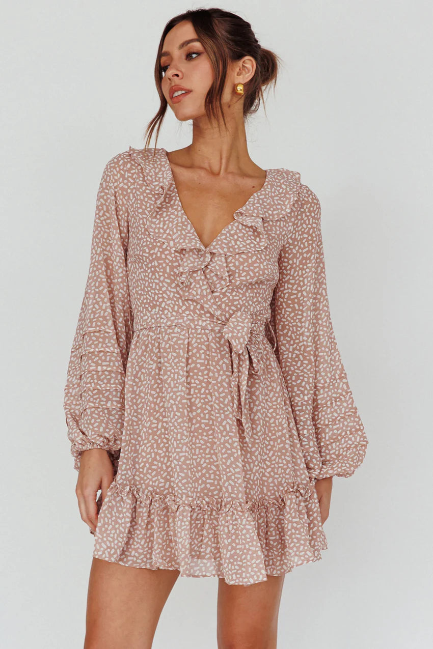 Marcheline Balloon Sleeve Waist Tie Dress Sprinkle Print Pink