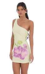 One Shoulder Floral Print Dress in Pastel Green