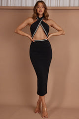 Vanna Diamante Trim Halterneck Dress Black