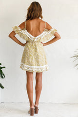 Hayman Cold-Shoulder Tassel Trim Dress Mustard Print