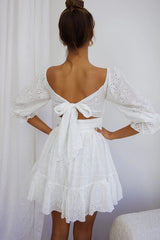 Abby Off-Shoulder Tie-Up Back Dress Eyelet Embroidery Dress White