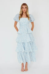 Giavana Puff Sleeve Layered Maxi Dress Floral Blue