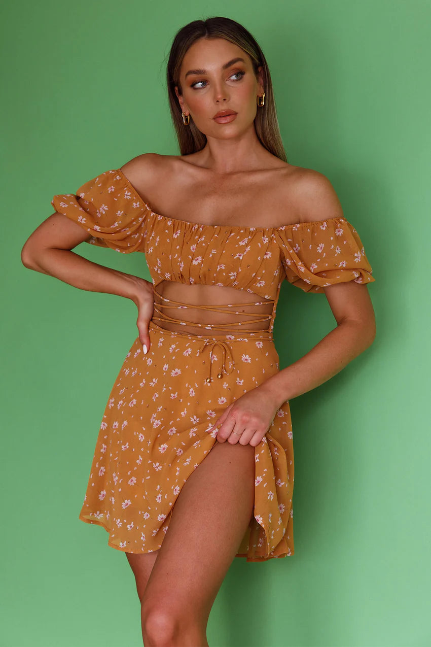Full Hearts Lace-Up Waist Dress Floral Orange