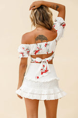 Linka Off-Shoulder Tie-Back Crop Top Red Floral Print White