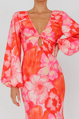Yessica Balloon Sleeve Midi Dress Floral Pink