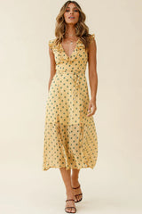 Karina Frill Neckline Midi Dress Polka Dot Print Mustard