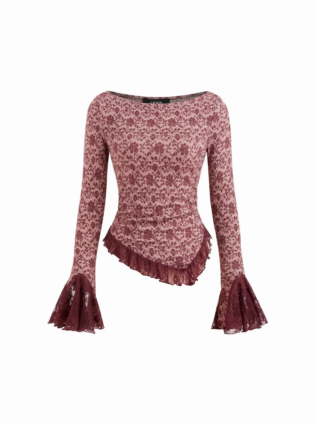 Floral Boat Neck Lace Trim Asymmetrical Hem Bell Sleeve Ruched Top