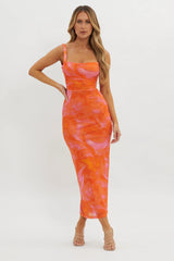 Dream Crush Lace-Up Back Side Split Maxi Dress Swirl Orange