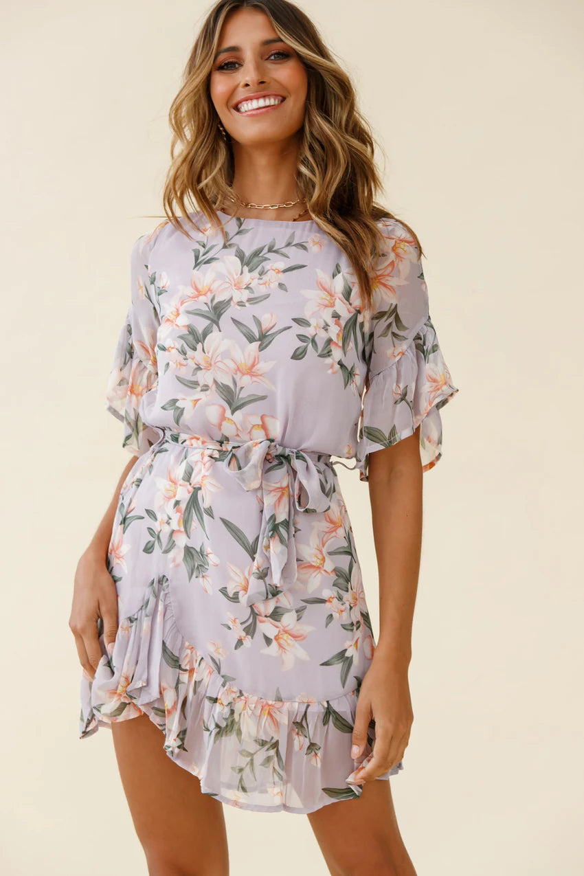 Azealia Ruffle Hem Dress Flower Print Purple