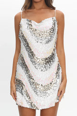 Show Me Love Cowl Neck Mini Dress Sequin Swirl White