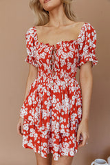 Buongiorno Bella Shirred Lace Up Mini Dress Floral Red