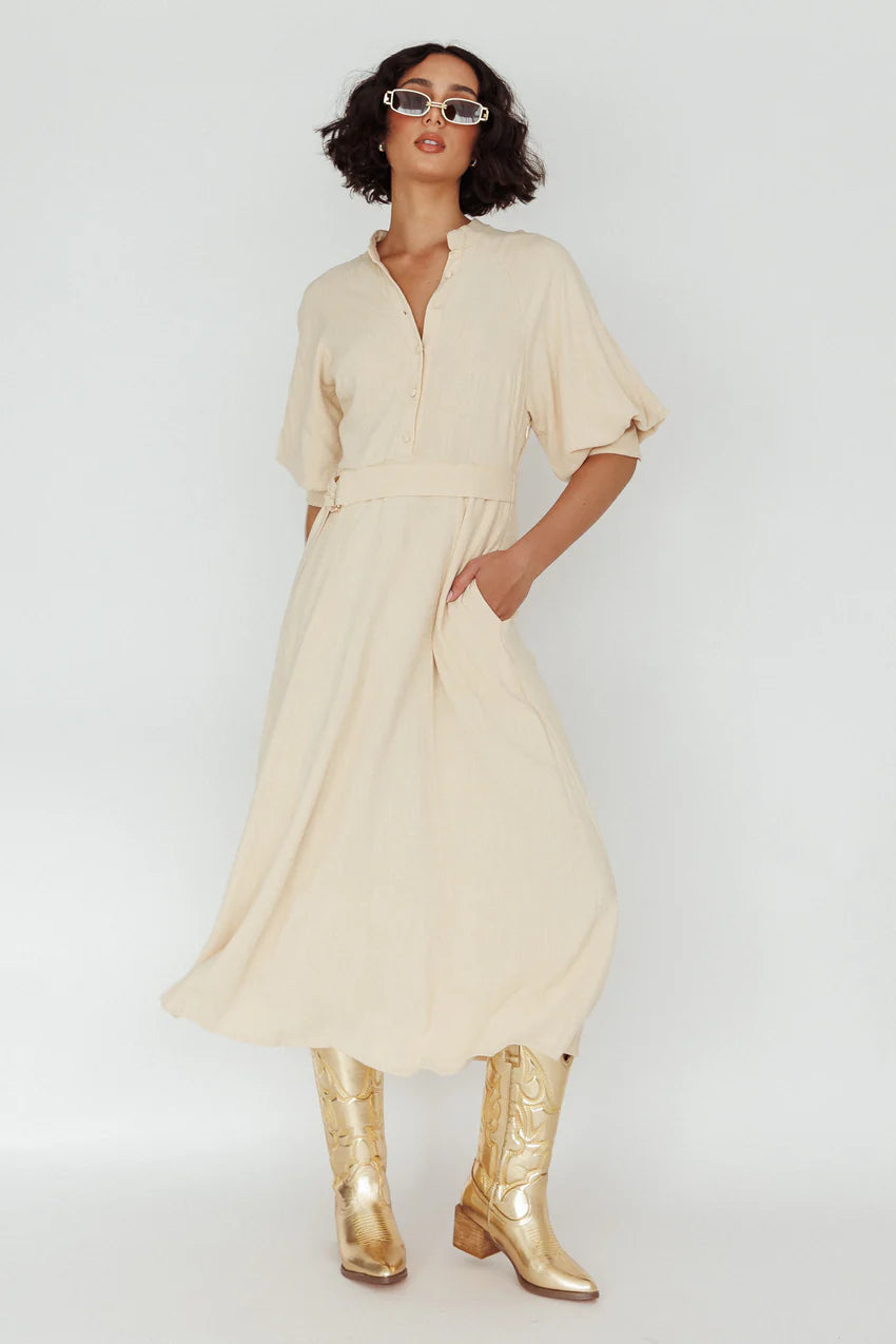 Mallory Belted Waist Lantern Sleeve Midi Dress Beige