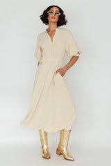 Mallory Belted Waist Lantern Sleeve Midi Dress Beige