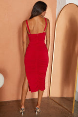 Over The Horizon Thick Strap Ruched Midi Dress Red
