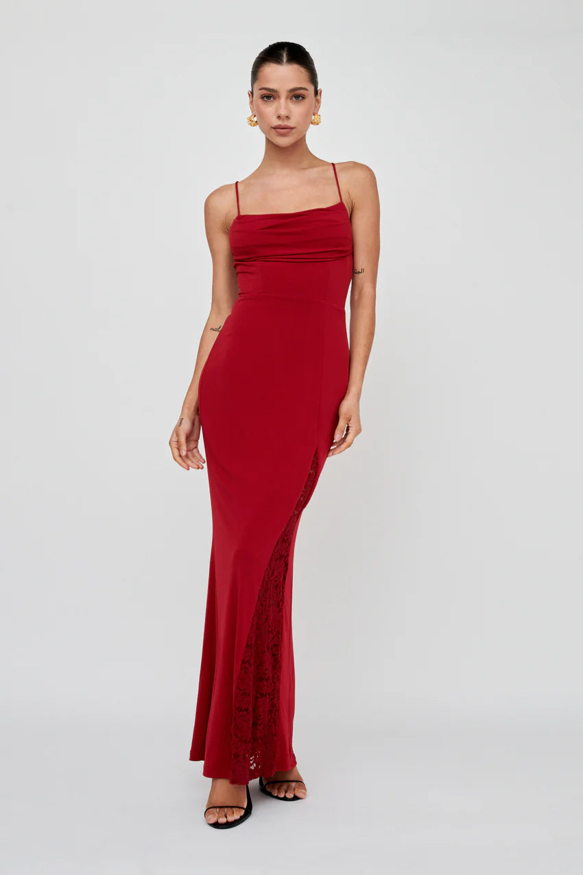 Well Versed Lace Split Maxi Dress Wine