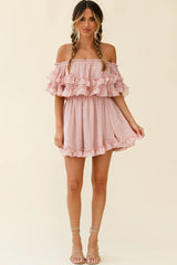 Meet Me At Sunset Bardot Neckline Frill Trim Dress Speckle Print Pink
