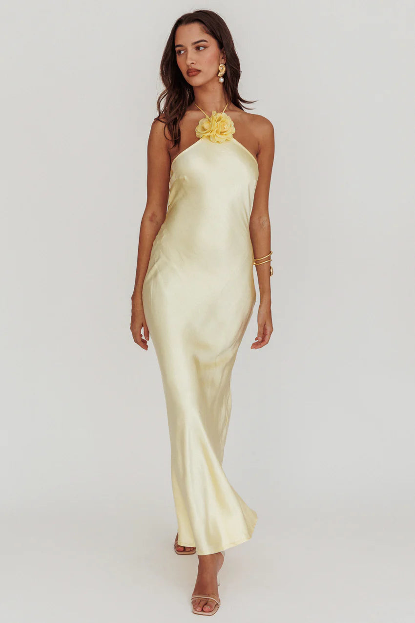 High Roller Flower Decoration Halter Dress Butter