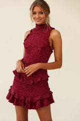 Osiris Sleeveless High Neck Lace Dress Wine